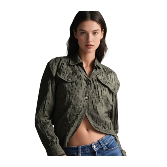 Ruby Rd. Jackets & Blazers - Ruby Rd. Women's Olive Green Crinkle Textured Lightweight Jacket - Size 12